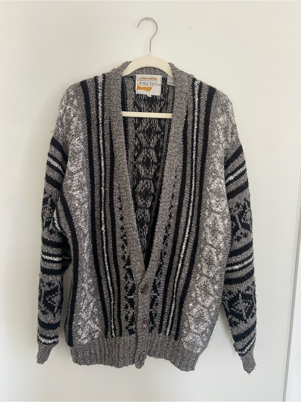 Vintage 90s Feruche Striped Knit Cardigan Sweater – Gray / Black